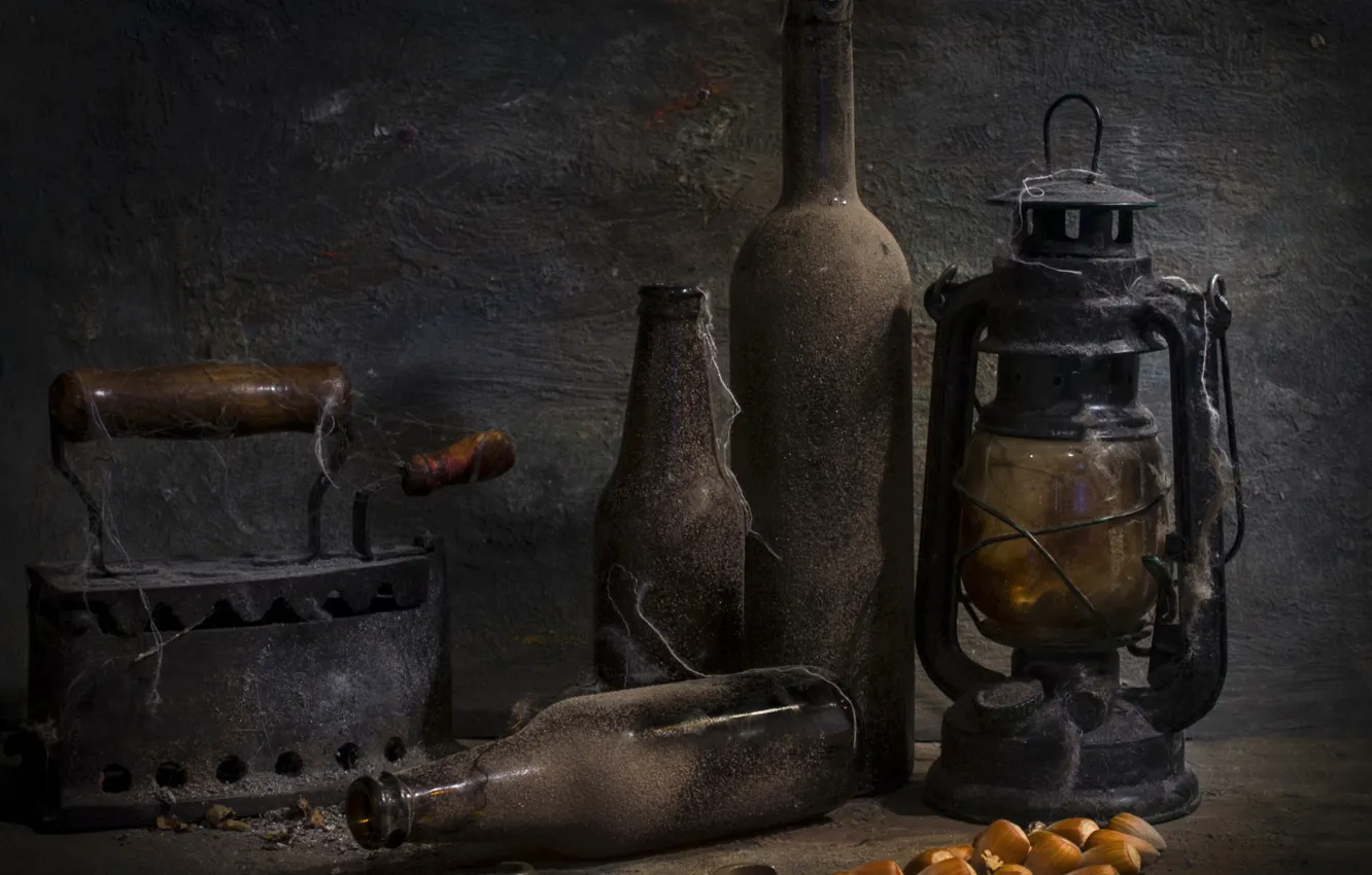 Photo wallpaper lamp, dust, bottle, antiquity, iron, In the cellar