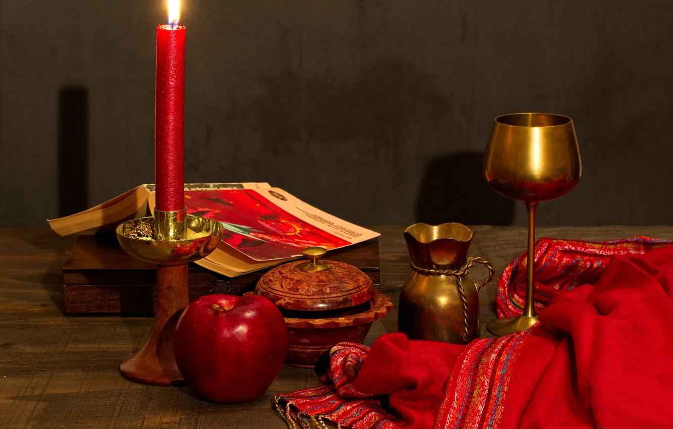 Photo wallpaper red, glass, Apple, candle, fabric, book
