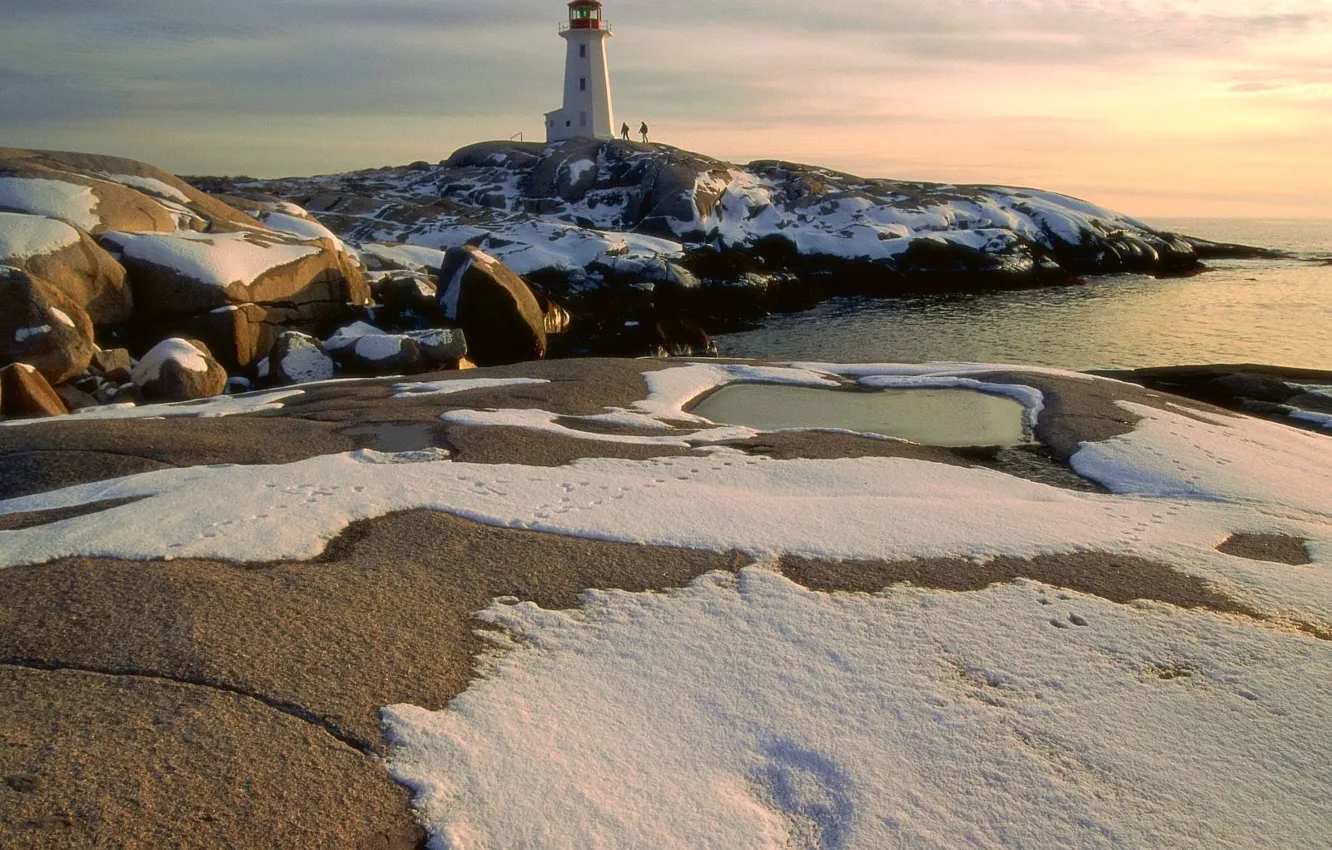 Photo wallpaper snow, stones, people, Lighthouse