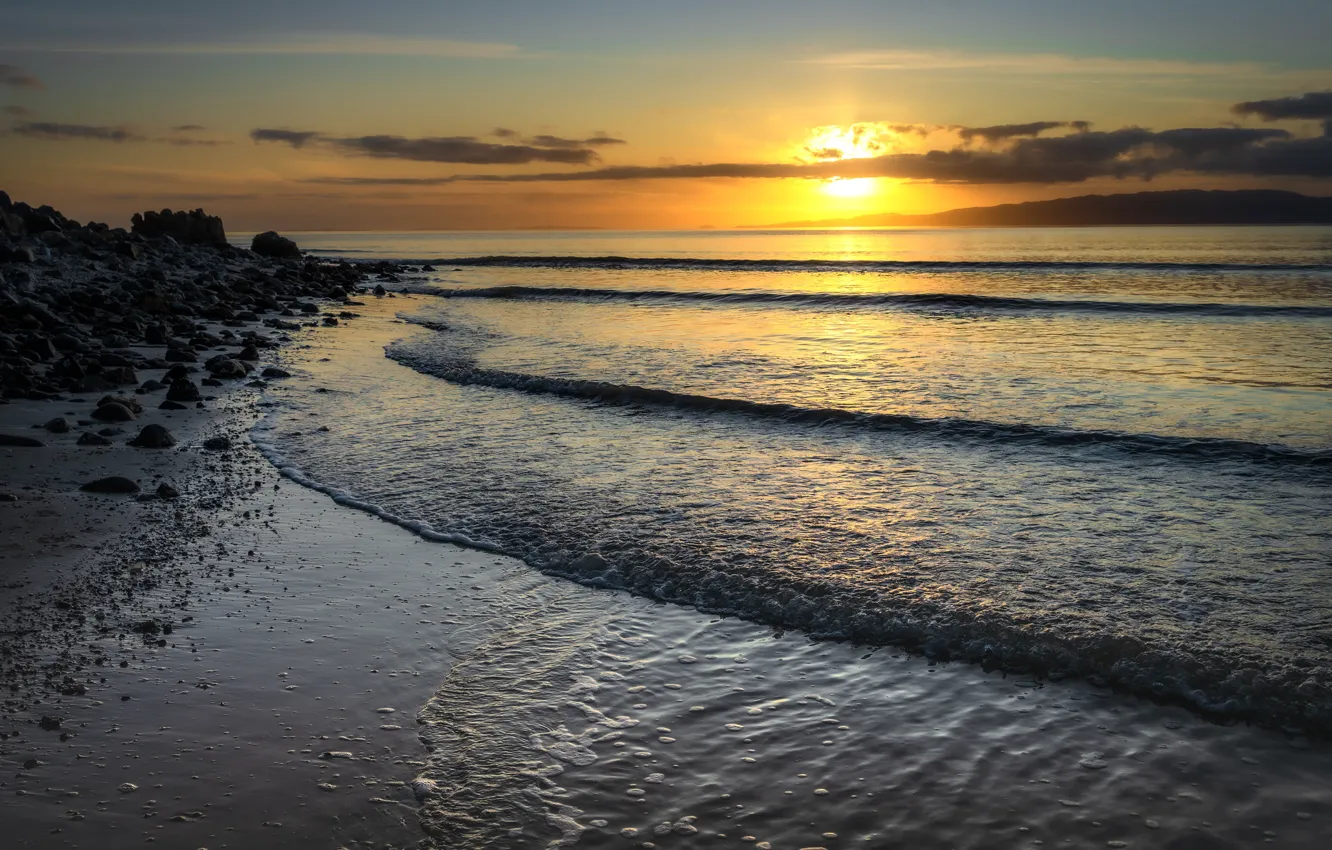 Photo wallpaper sea, sunset, shore, surf