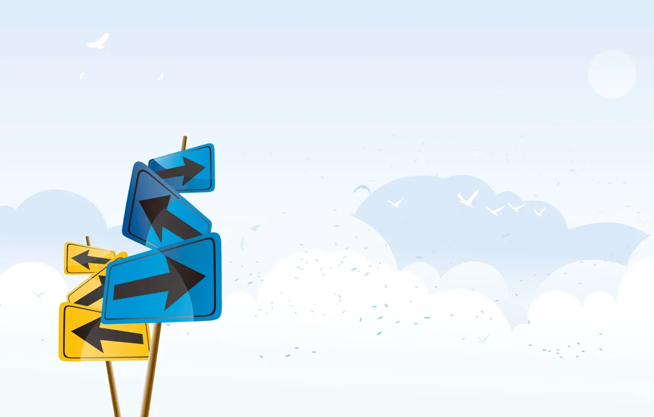 Photo wallpaper clouds, bird, sign, plate, direction