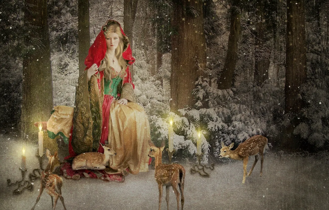 Photo wallpaper winter, forest, snow, candles, deer, Christmas card, Mrs Claus
