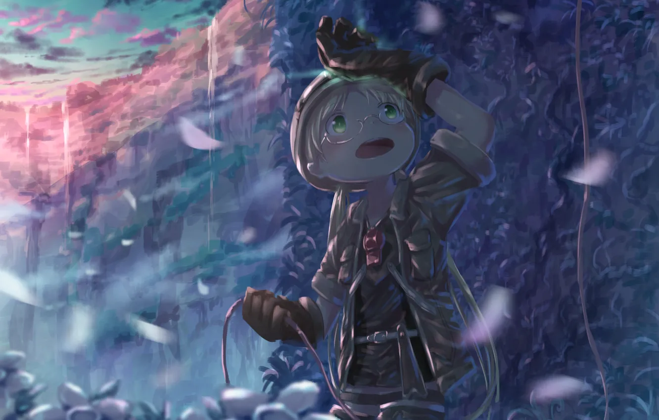 Photo wallpaper mountains, waterfall, boy, Made in Abyss, Riko