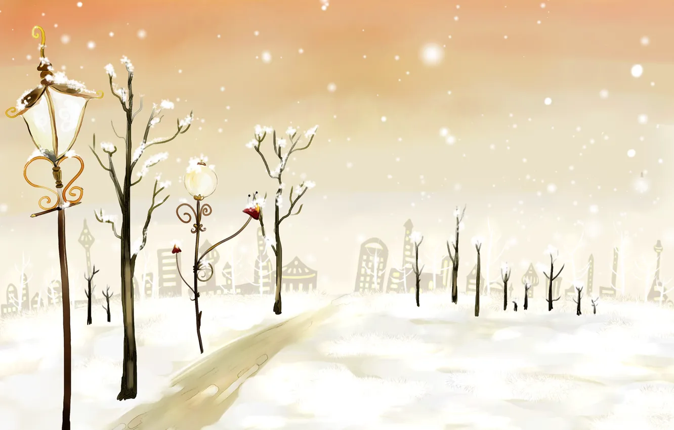 Photo wallpaper winter, road, snow, trees, lights, home, Figure, lantern