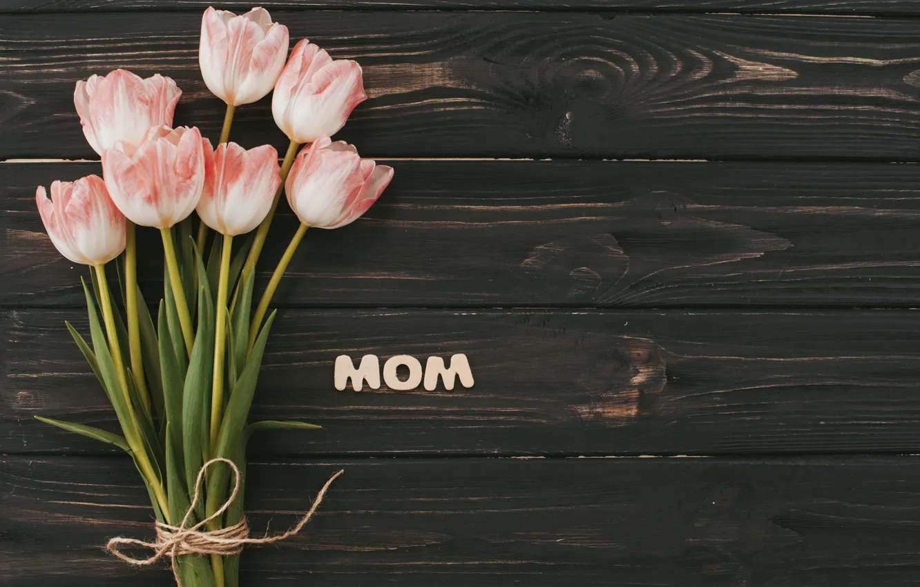 Photo wallpaper flowers, bouquet, tulips, pink, wood, pink, flowers, tulips