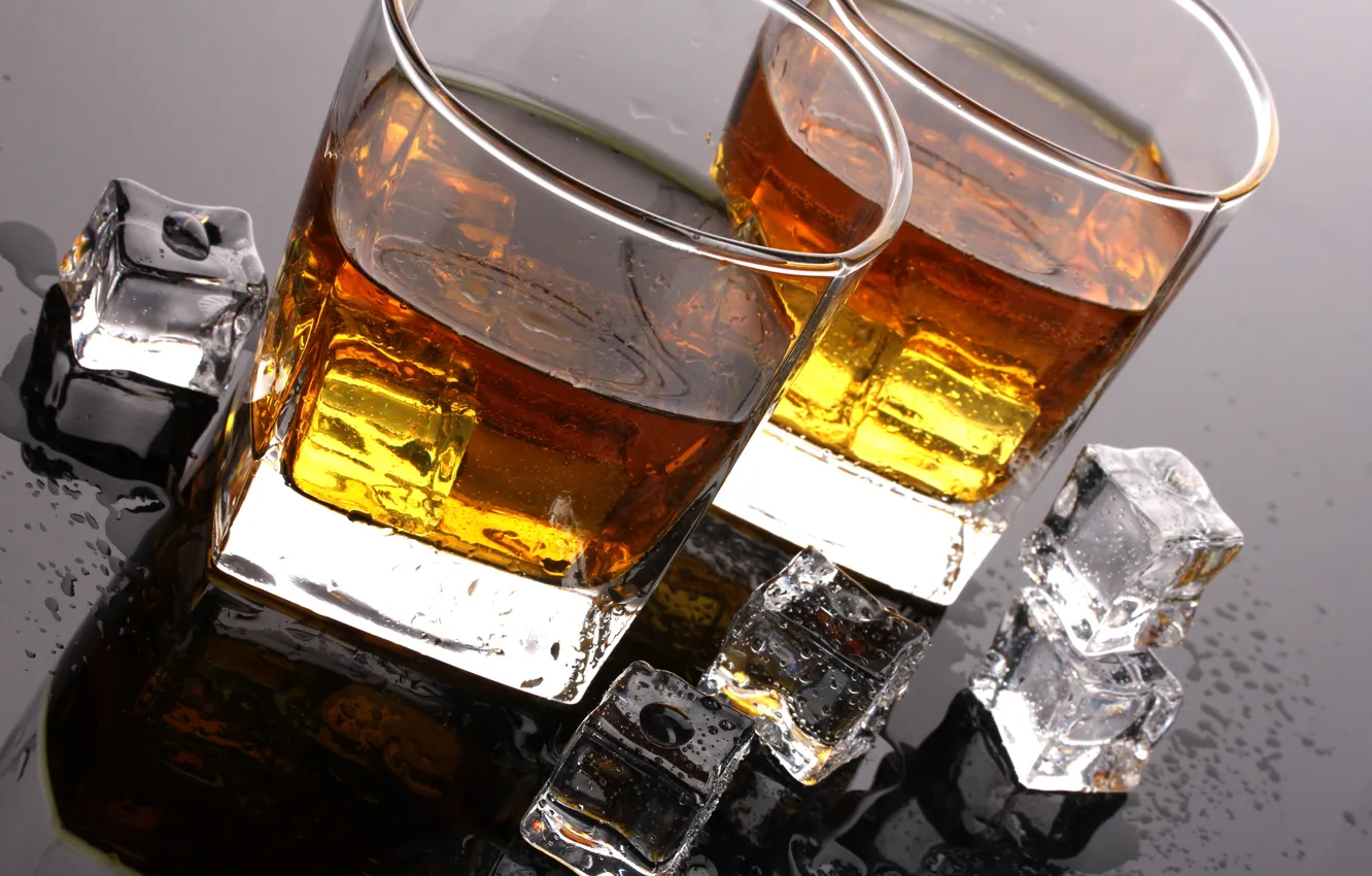 Photo wallpaper ice, drops, table, cubes, glasses, alcohol, drink, whiskey