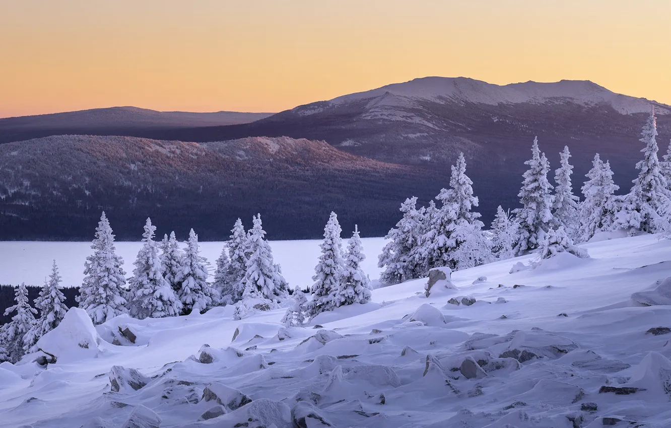 Photo wallpaper winter, frost, forest, the sky, clouds, light, snow, mountains