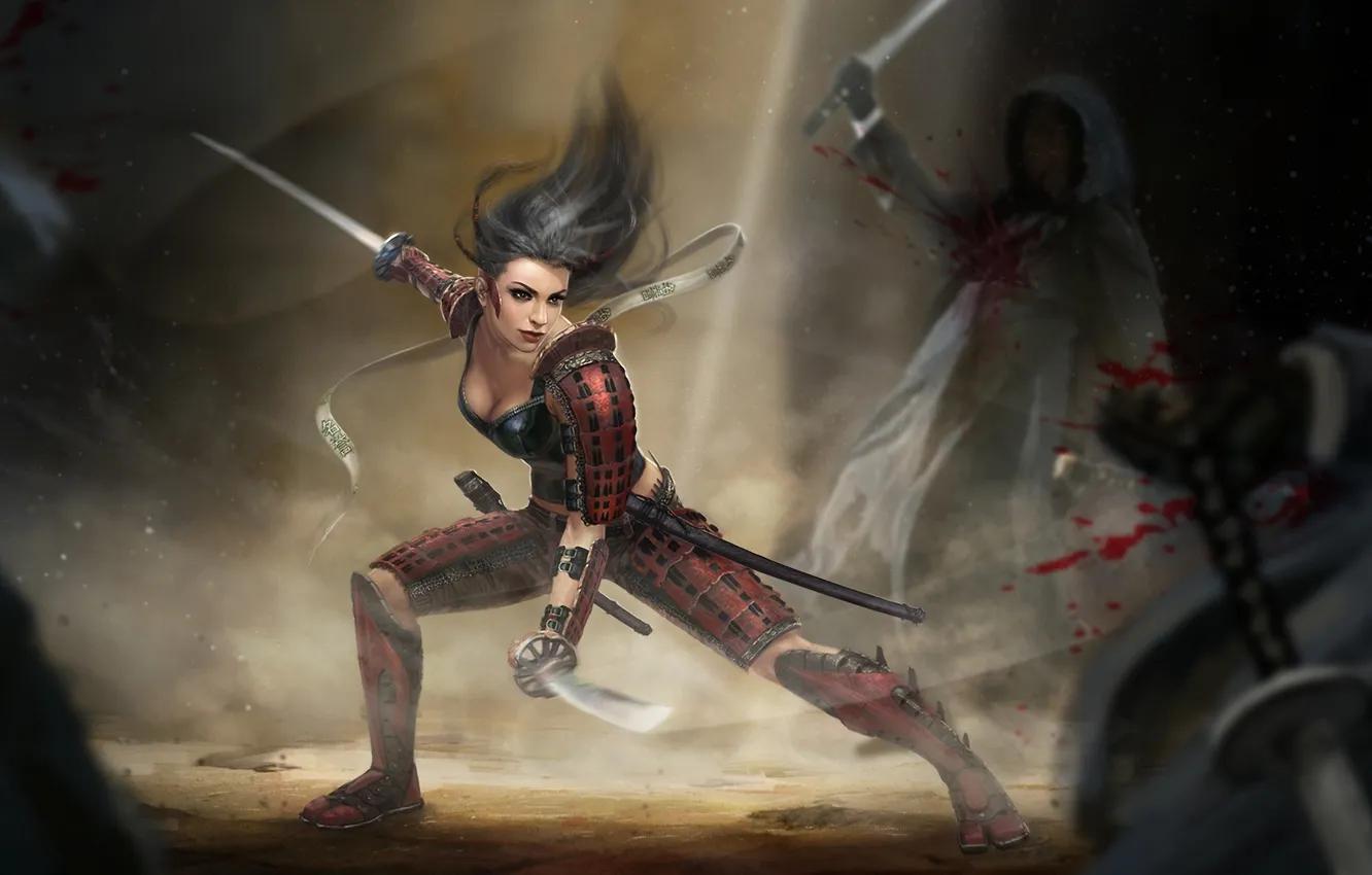 Photo wallpaper girl, blood, sword, art, tape, armor, enemies