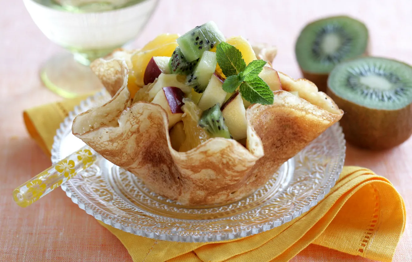 Photo wallpaper kiwi, fruit, pancakes, dessert, basket