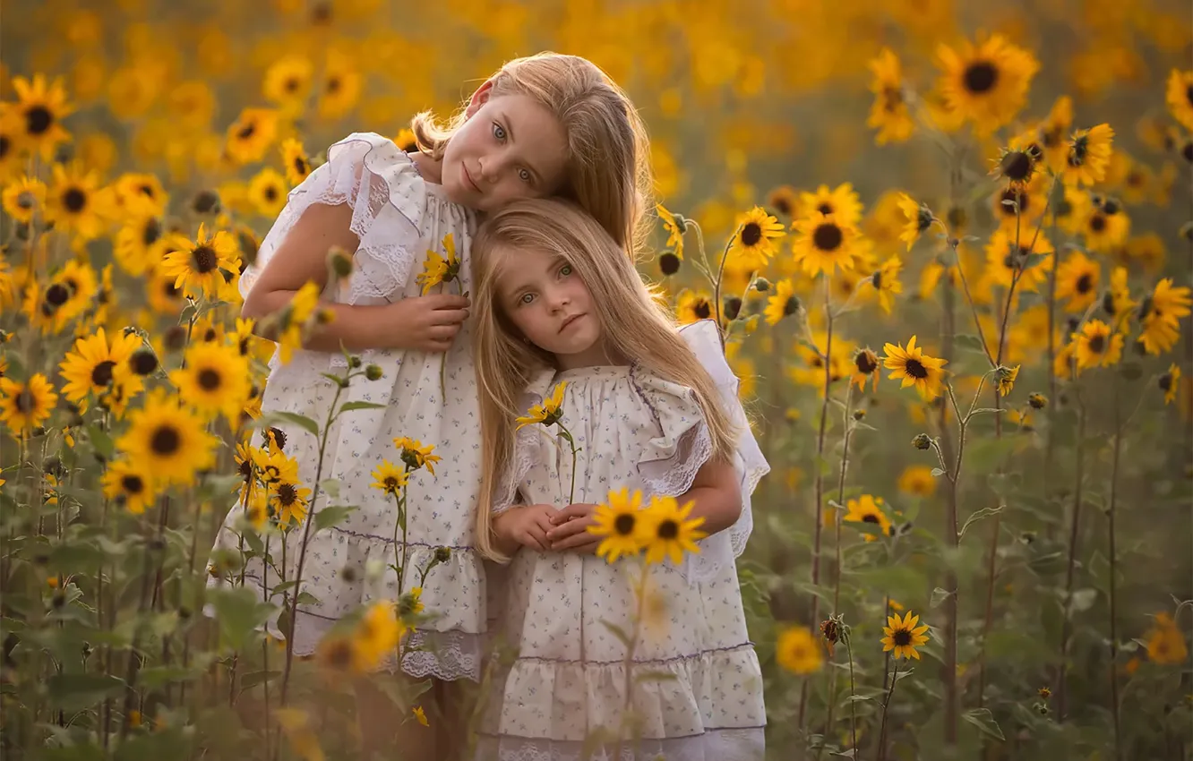 Photo wallpaper field, girl, sisters