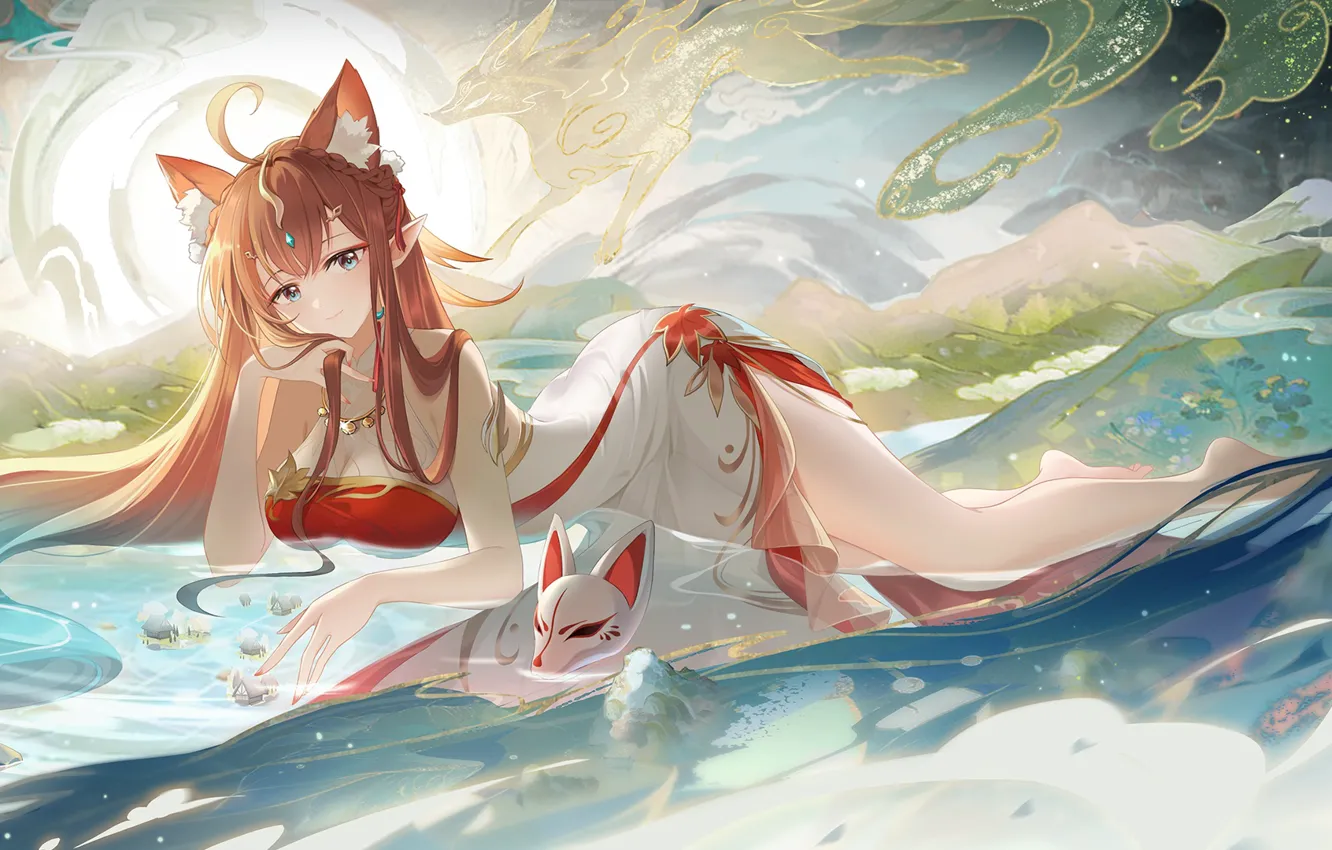 Photo wallpaper the sky, water, girl, mask, Fox