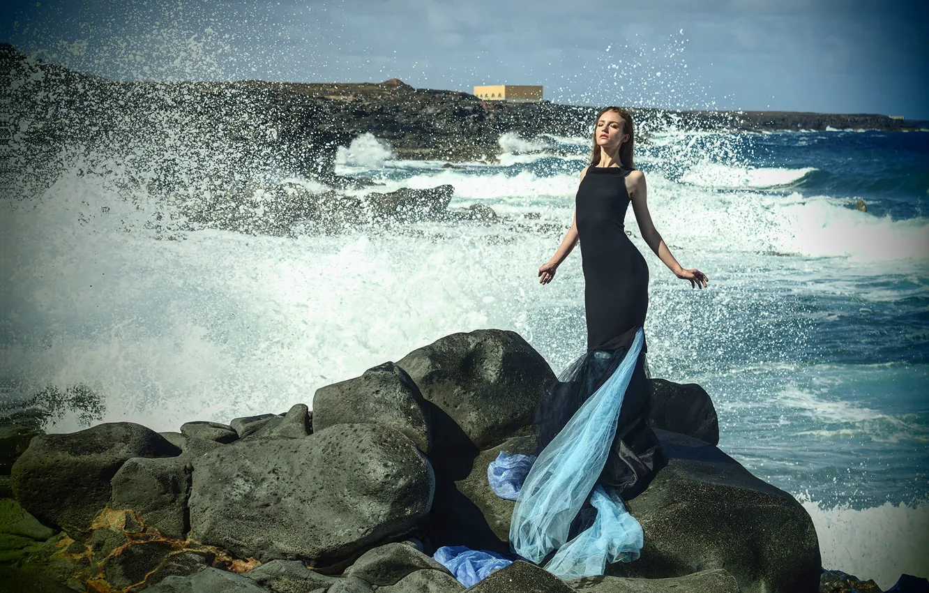 Photo wallpaper sea, girl, squirt, pose, stones, the ocean, figure, dress