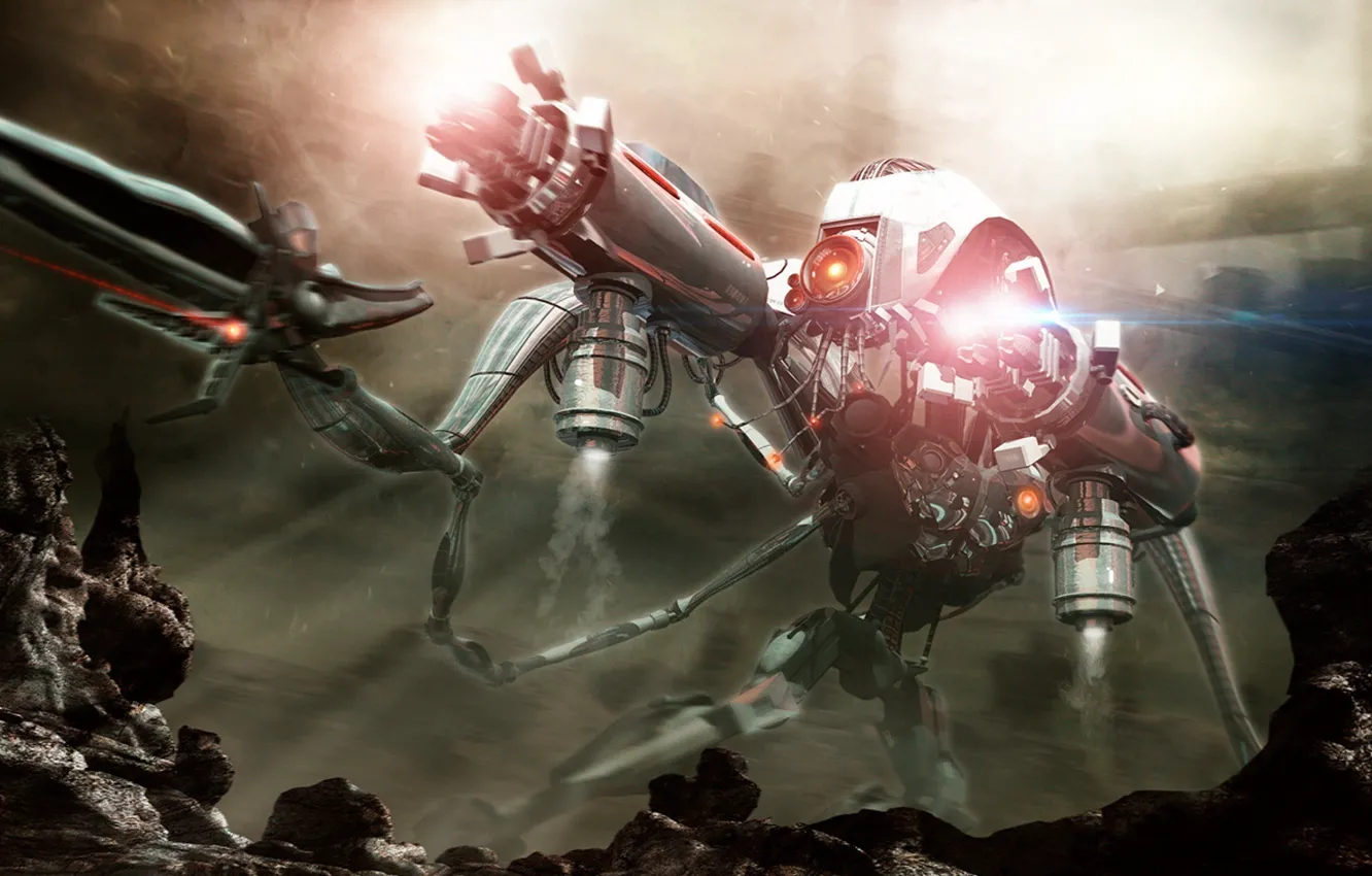 Photo wallpaper stones, smoke, planet, drons attack
