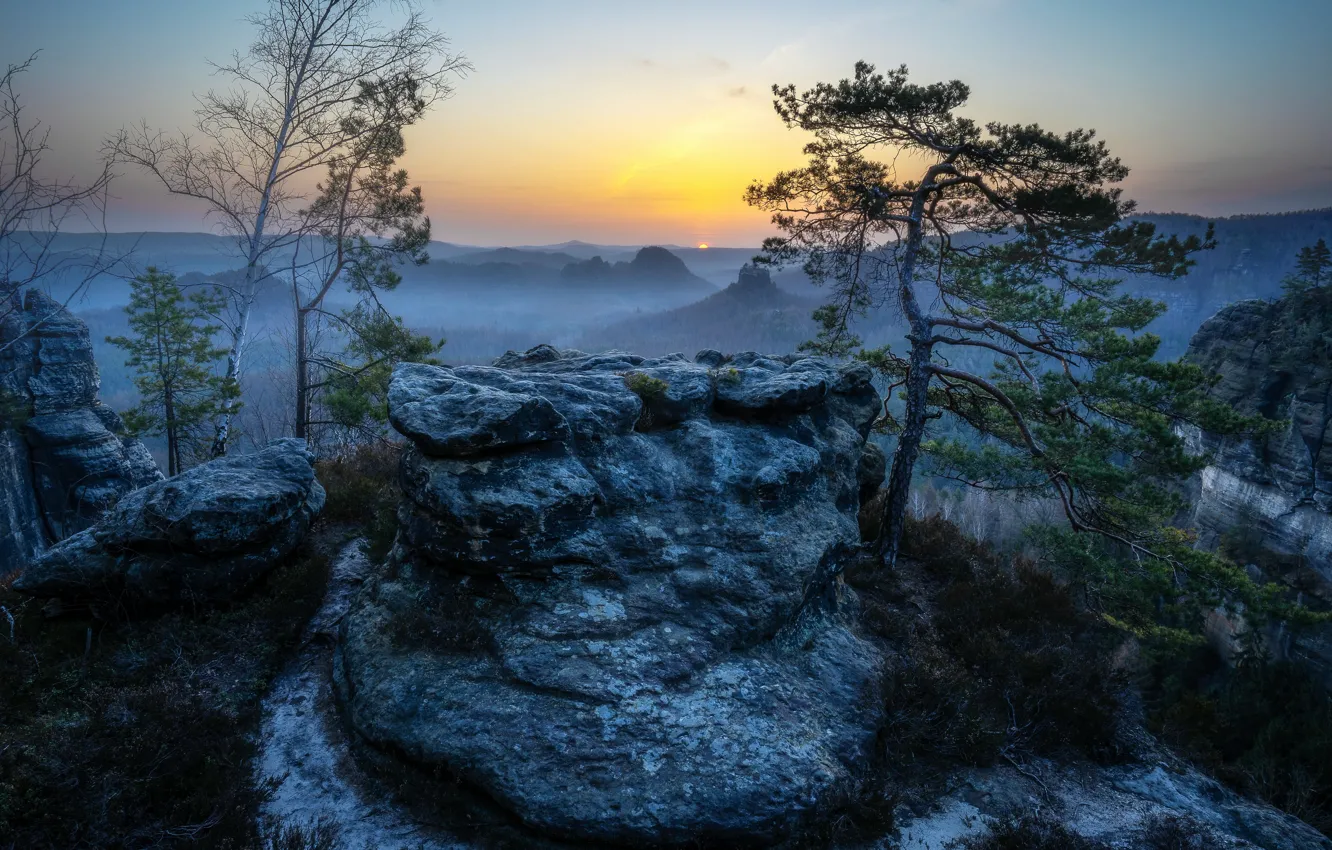 Photo wallpaper sunset, mountains, fog