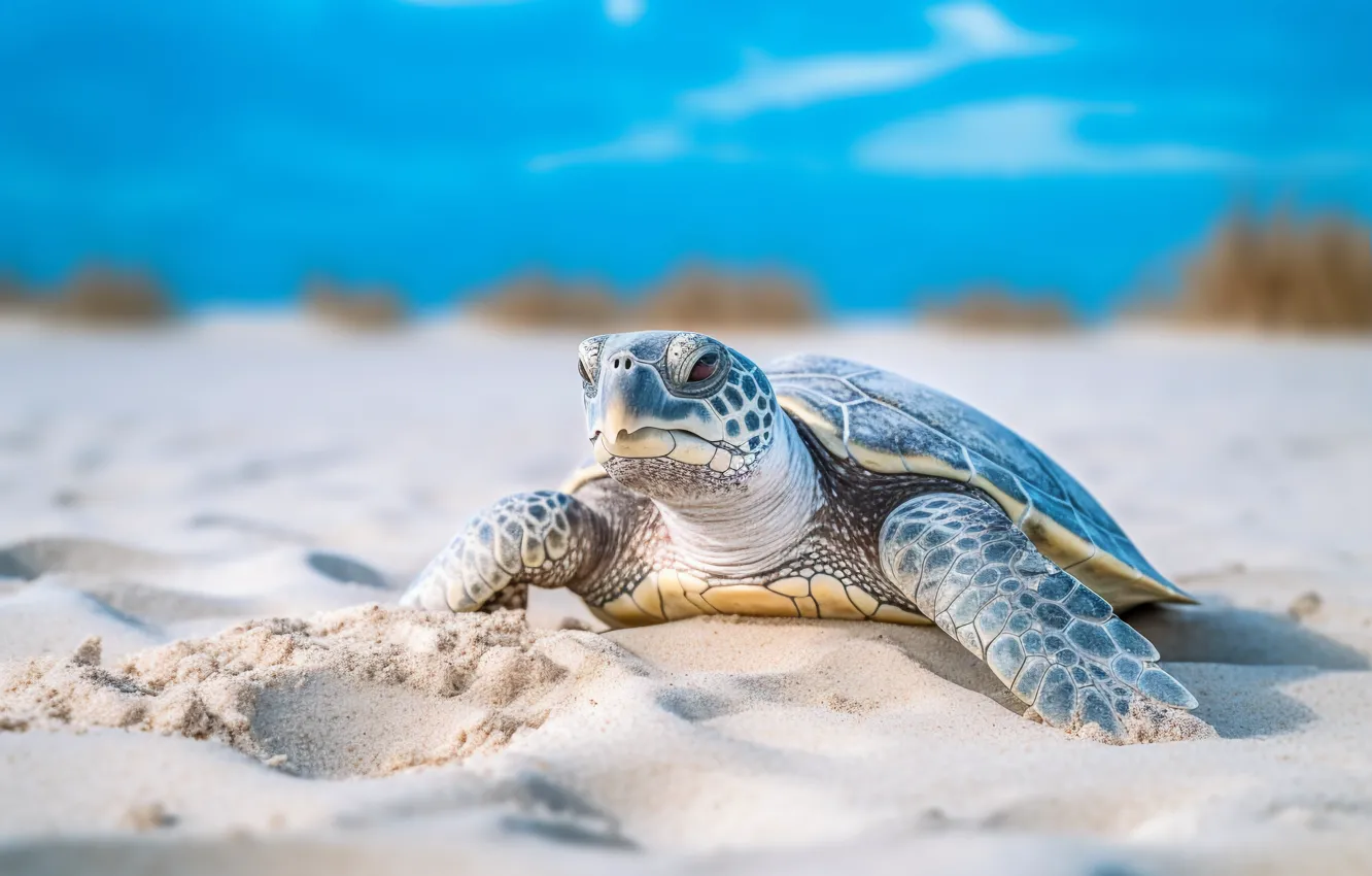 Photo wallpaper sand, look, shore, turtle, sea turtle, AI art, neural network