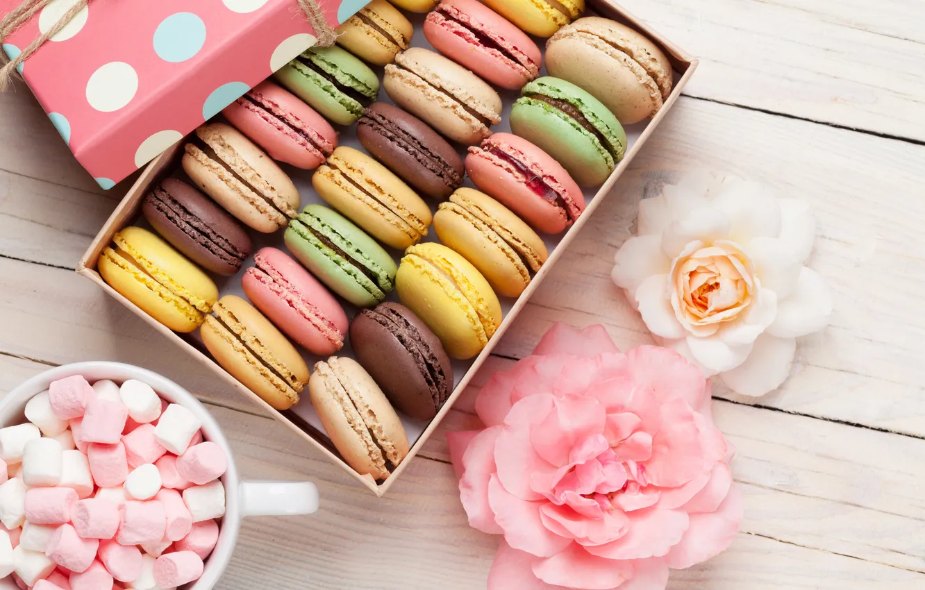 Photo wallpaper flowers, gift, colorful, wood, pink, flowers, macarons, gift box