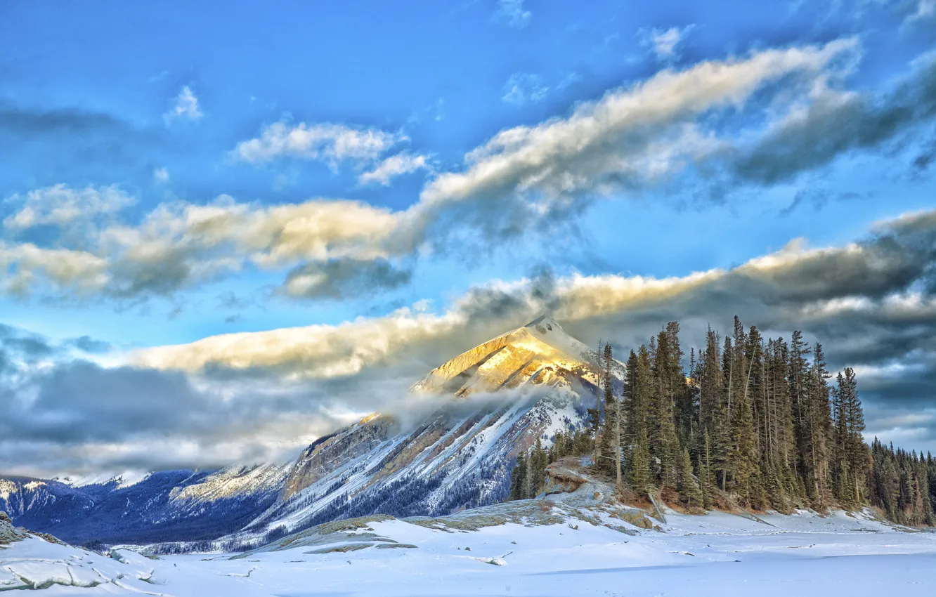 Photo wallpaper winter, the sky, clouds, snow, trees, mountains, lake
