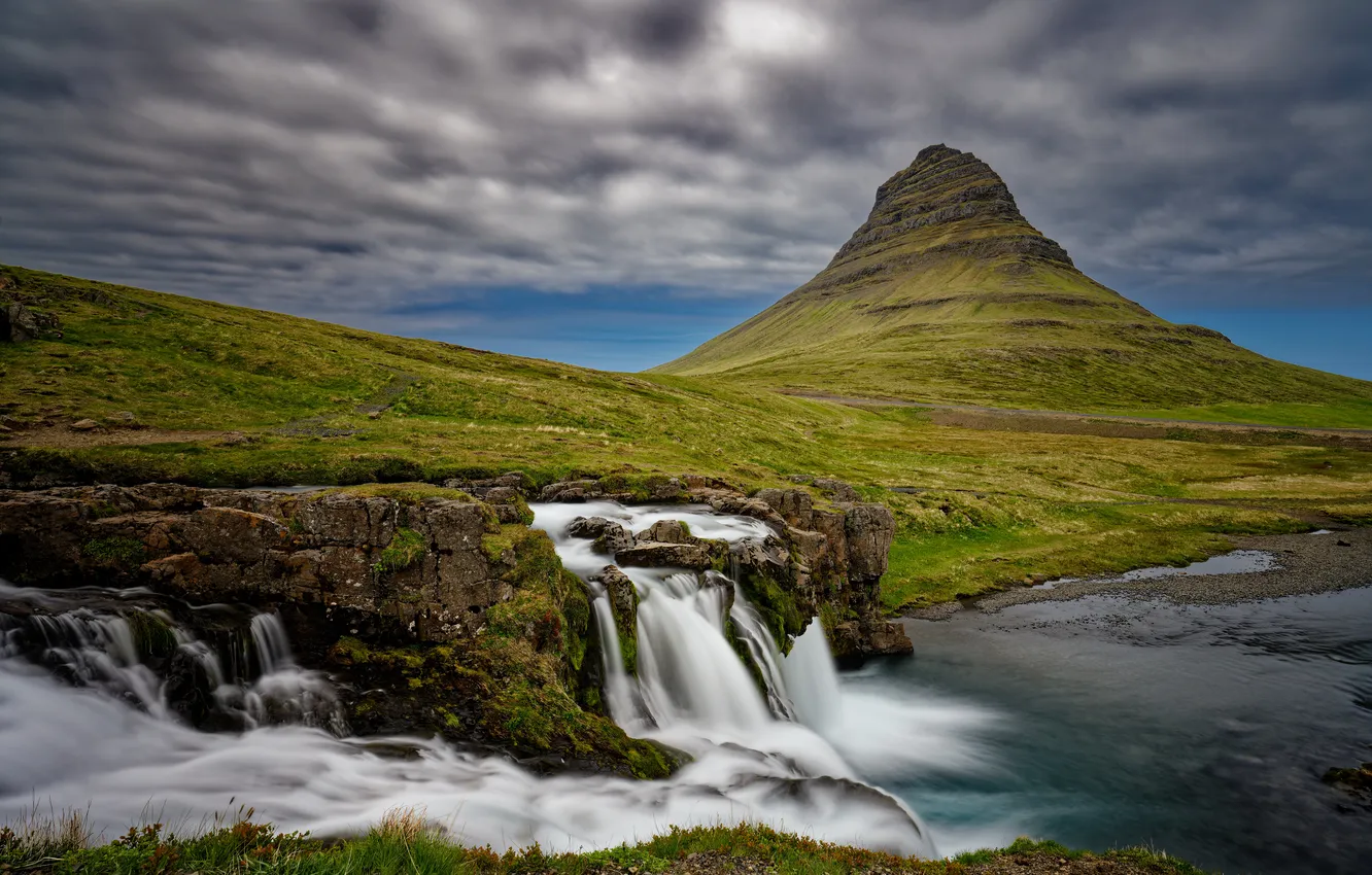 Photo wallpaper landscape, mountains, river, waterfall