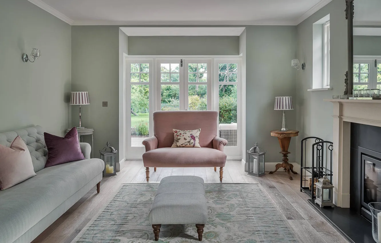 Photo wallpaper room, interior, Canada, fireplace, pastel colors, living room, remodelled 1930-s home in Surrey