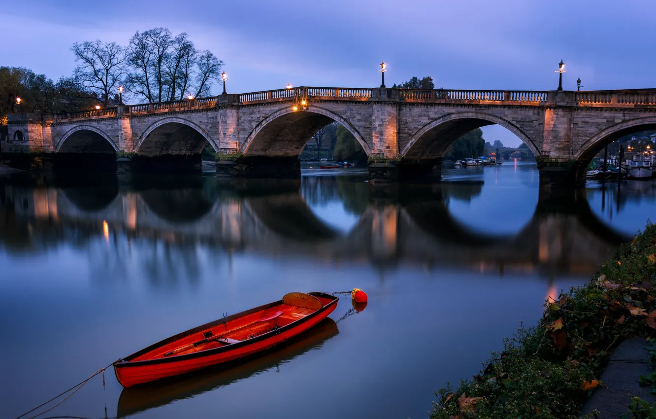 Photo wallpaper night, boat, England, London, arch, Richmond bridge