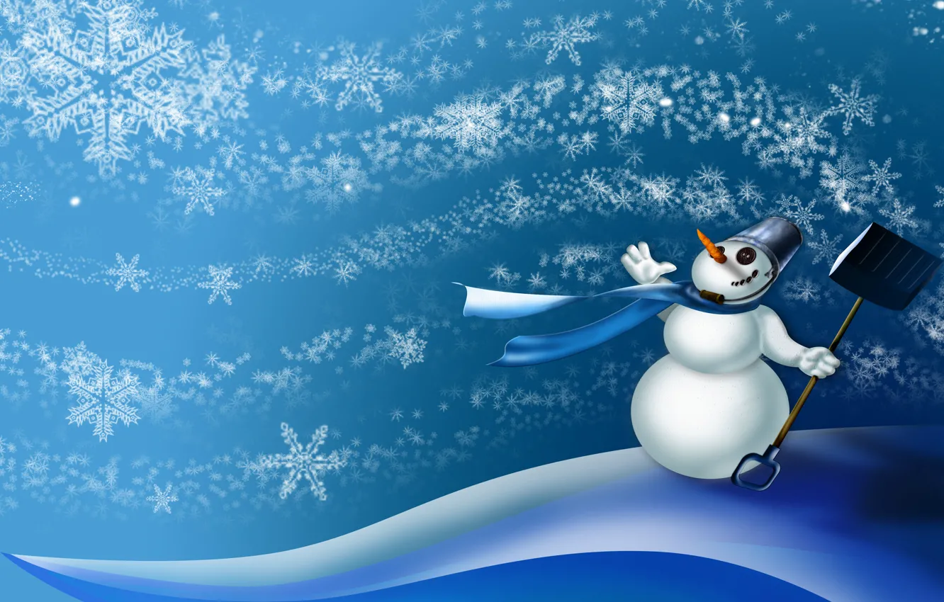Photo wallpaper snowflakes, the wind, scarf, bucket, the snow, snowman, shovel, carrots