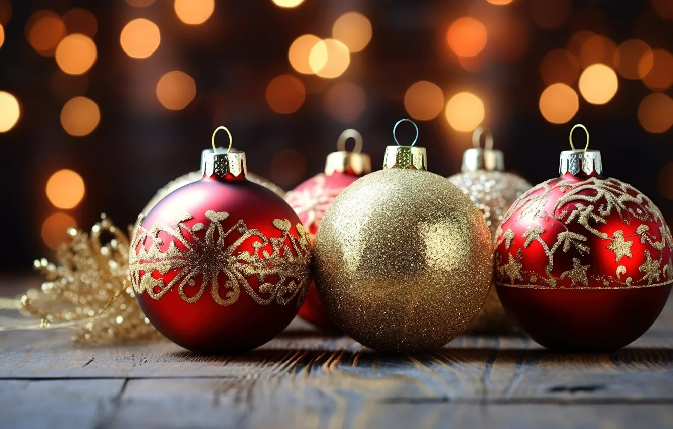 Photo wallpaper decoration, balls, new year, Christmas, red, golden, Christmas, balls