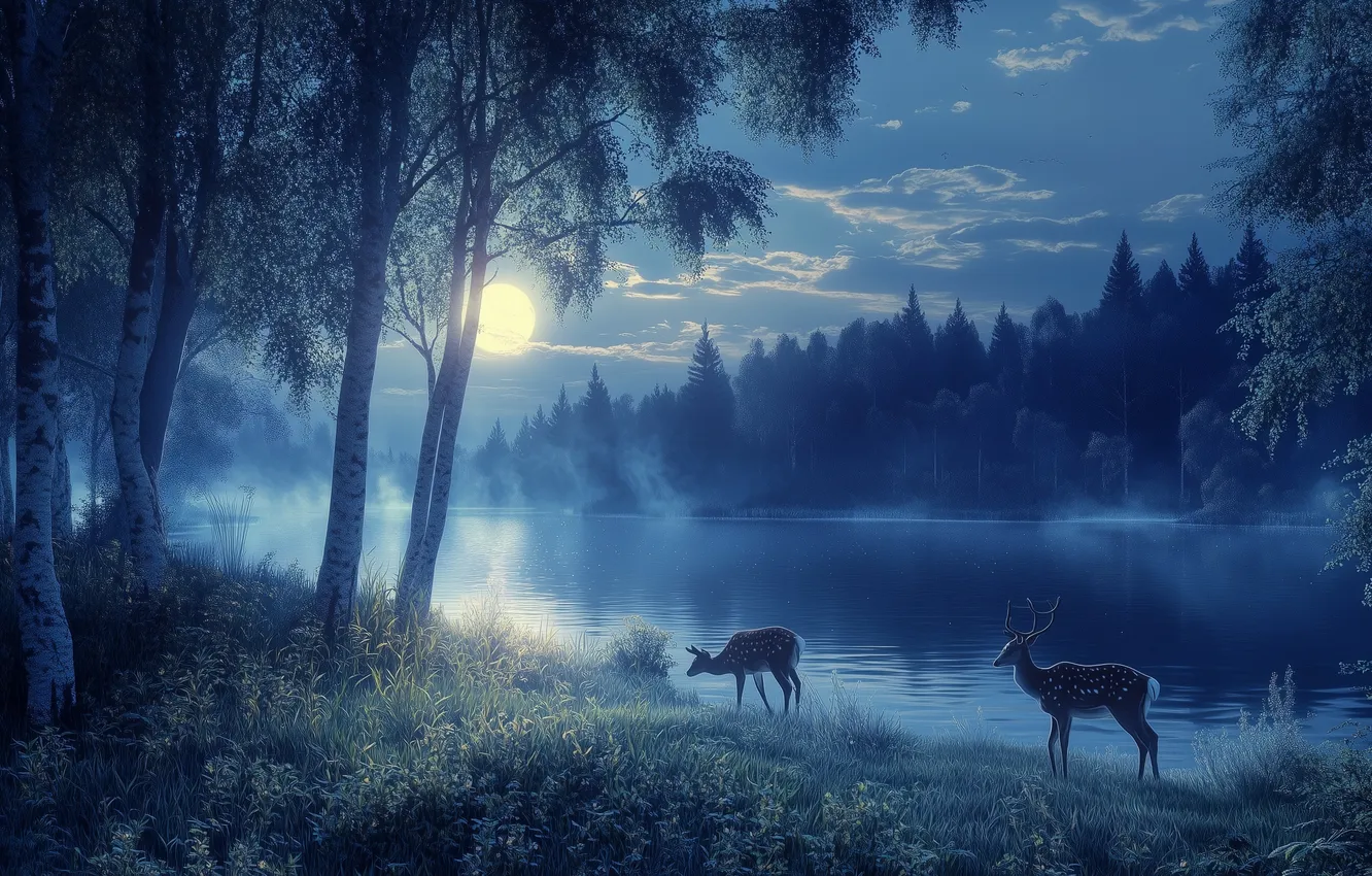 Photo wallpaper landscape, nature, fog, river, deer, morning