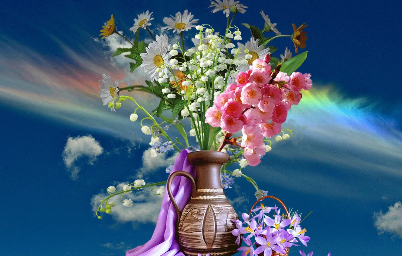 Photo wallpaper the sky, bouquet, Spring, vase