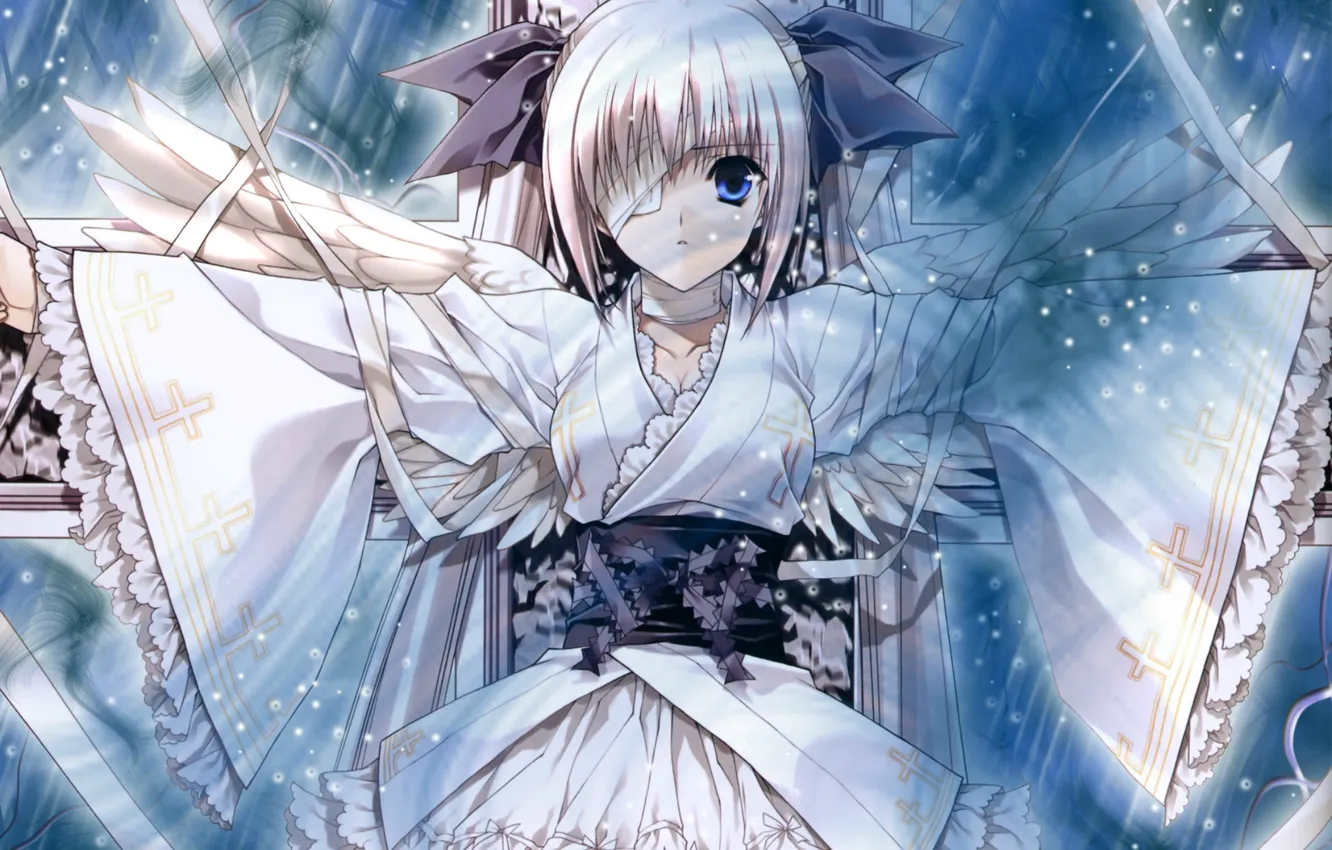 Photo wallpaper lights, wings, cross, angel, headband, kimono, bow, ruffles