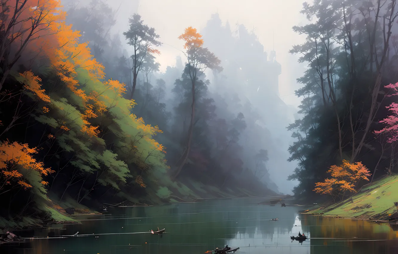 Photo wallpaper forest, river, landscape, nature, art, digital art, Stable Diffusion, Neuronet