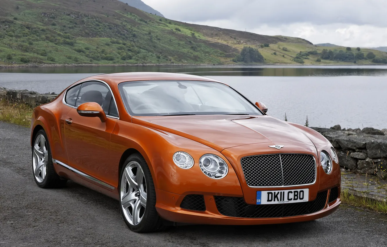 Photo wallpaper mountains, orange, lake, coupe, Bentley, Continental, the front, Bentley