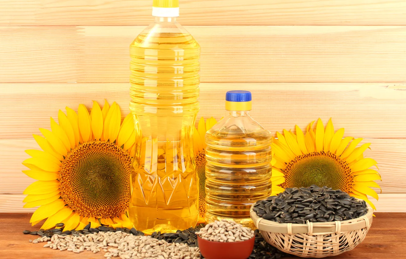 Photo wallpaper sunflowers, bottle, bowl, basket, seeds