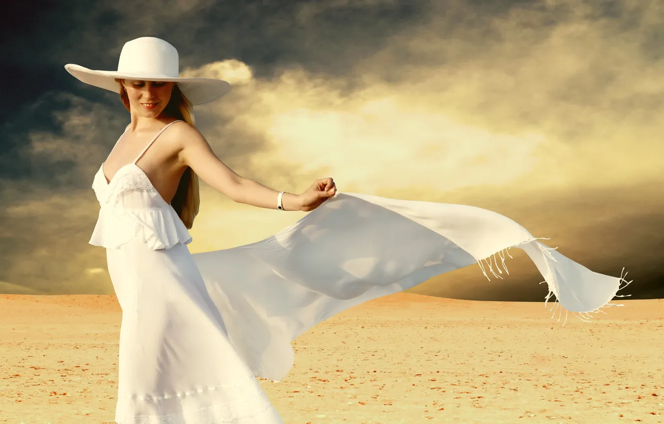 Photo wallpaper sand, girl, clouds, smile, the wind, dress, blonde, bracelet