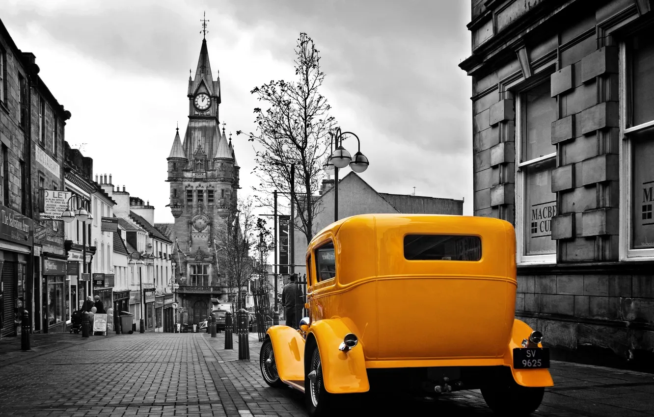 Photo wallpaper yellow, Ford, Roadster, black-and-white background