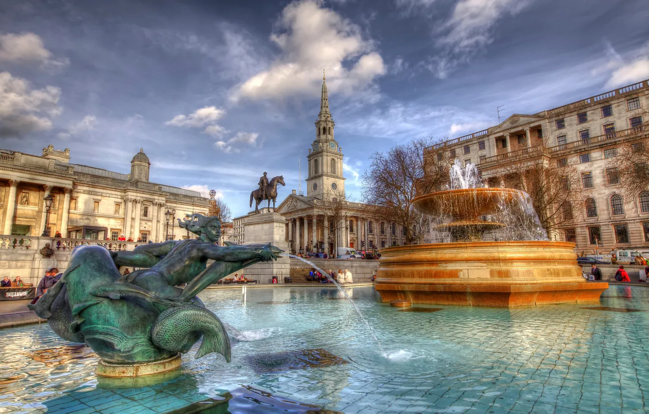 Photo wallpaper the sky, clouds, England, London, home, fountain, Trafalgar square
