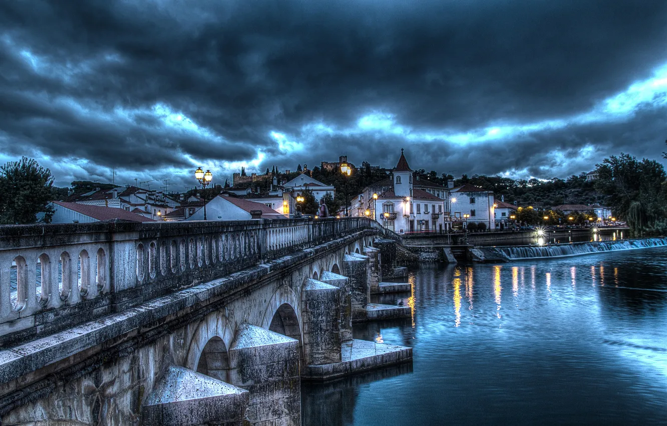 Photo wallpaper the sky, clouds, clouds, bridge, lights, river, HDR, home