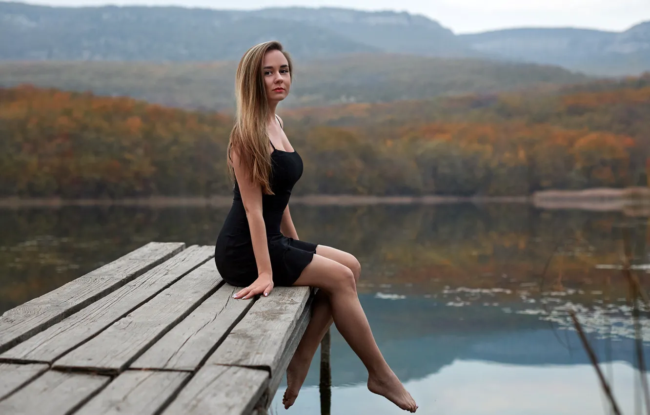 Photo wallpaper look, girl, landscape, nature, pose, river, model, portrait