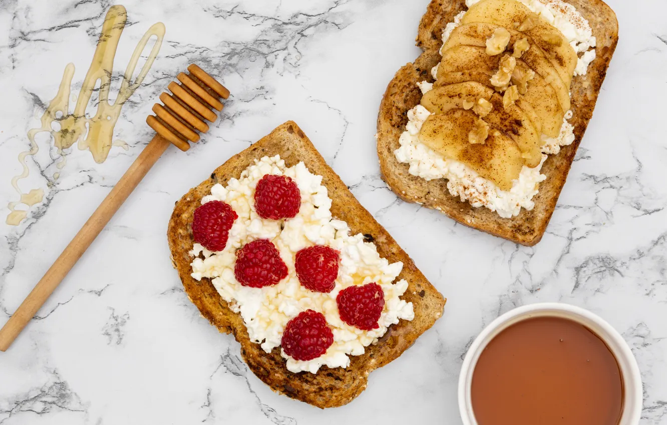 Photo wallpaper berries, raspberry, apples, food, honey, bread, bowl, nuts