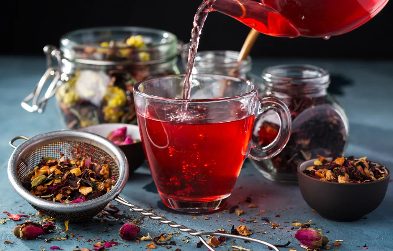 Photo wallpaper glass, flowers, table, tea, petals, kettle, mug, Cup