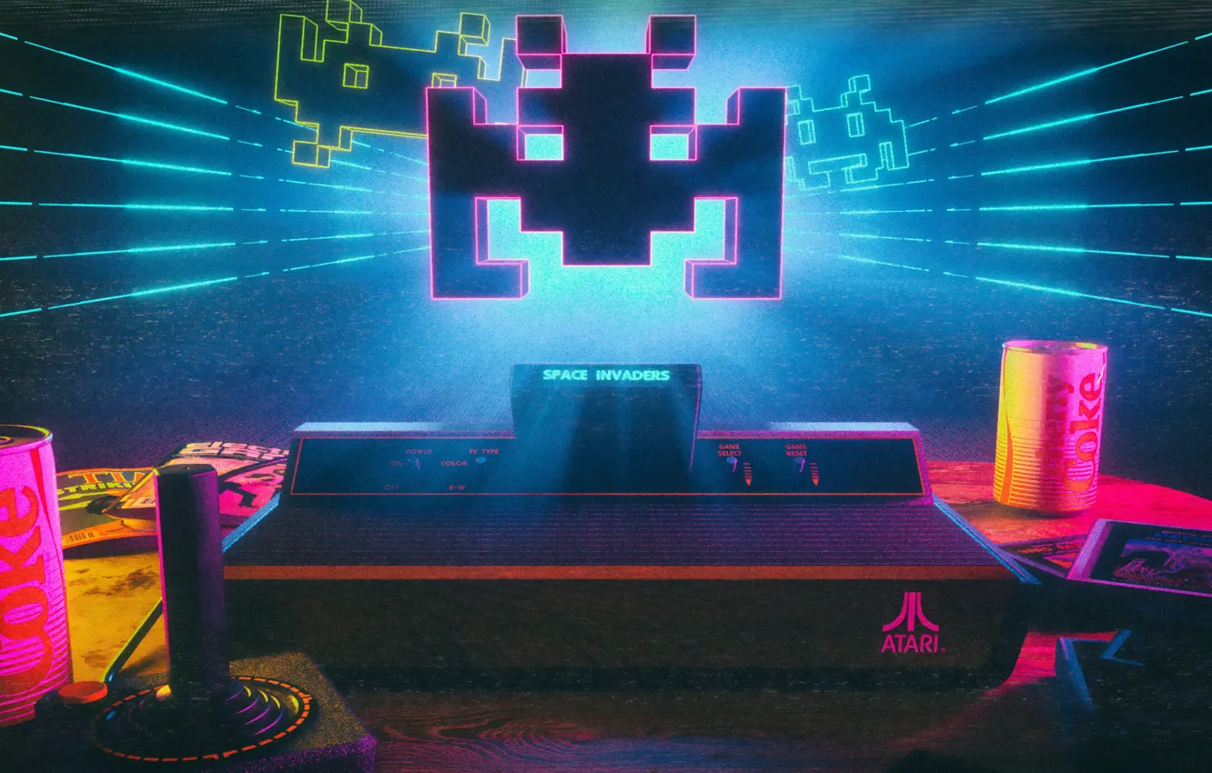 Photo wallpaper 80s, Neon, Space Invaders, VHS, Atari, Synth, Retrowave, Synthwave
