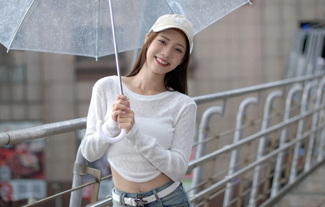 Photo wallpaper girl, smile, umbrella, Asian