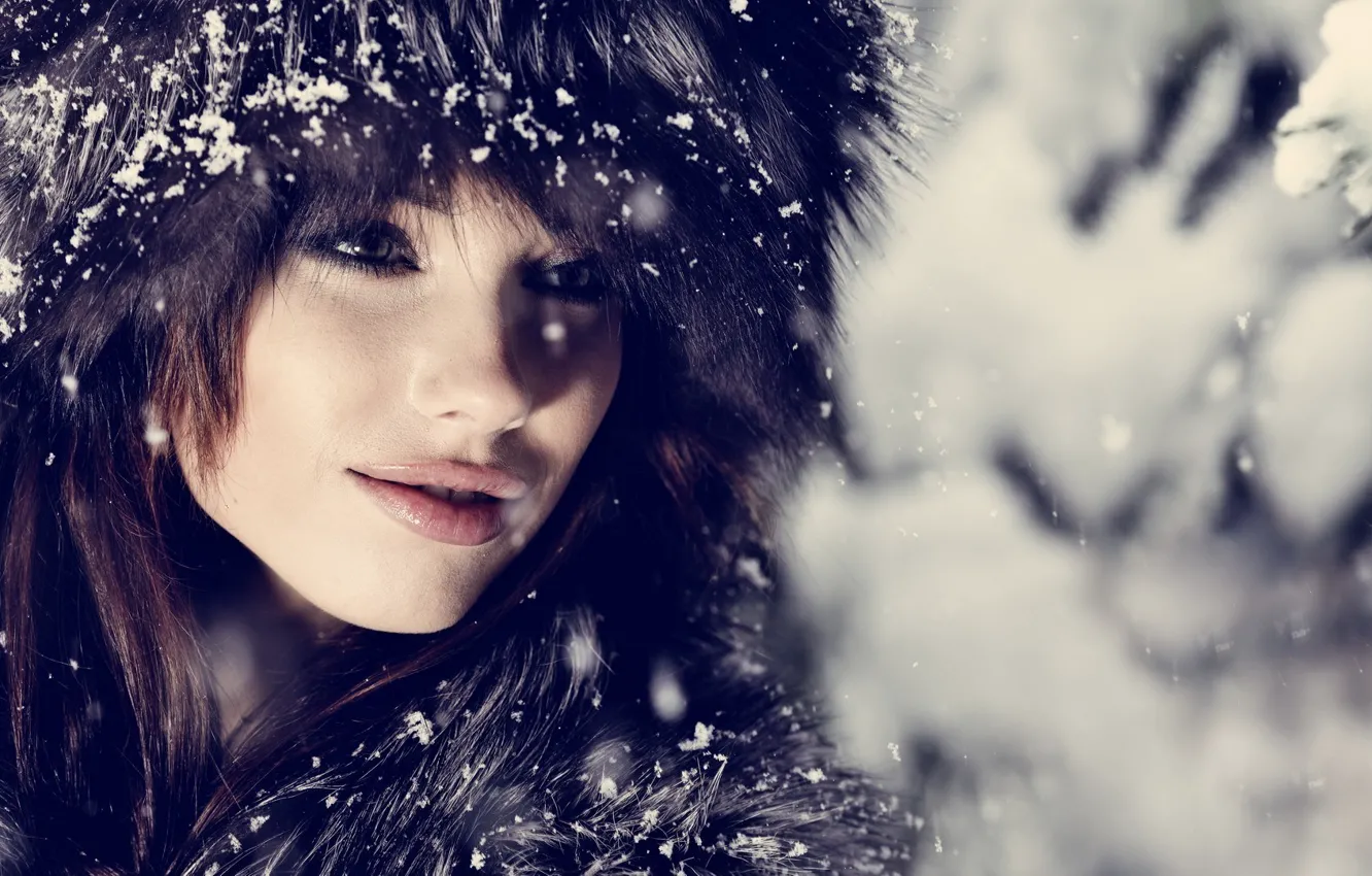 Photo wallpaper winter, girl, hat, fur