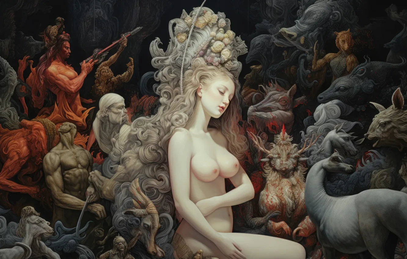 Photo wallpaper chest, girl, pose, people, sleep, dinosaur, hairstyle, blonde