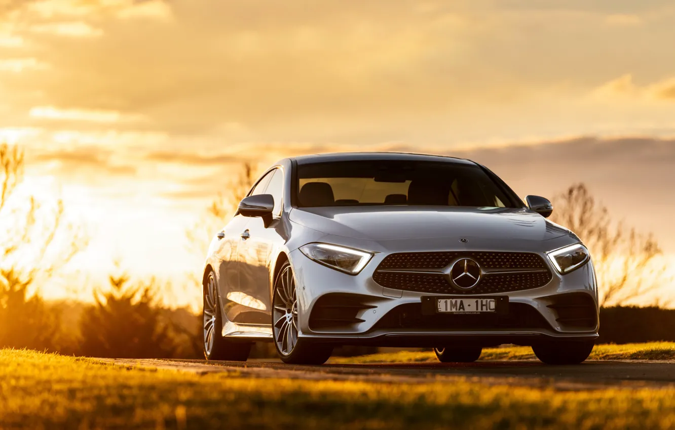 Photo wallpaper sunset, Mercedes-Benz, CLS, sedan, front view, 2018, 450, 4MATIC