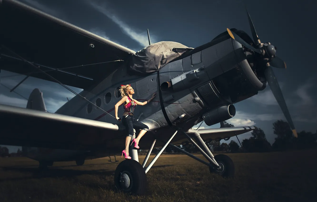 Photo wallpaper pose, model, the plane, biplane