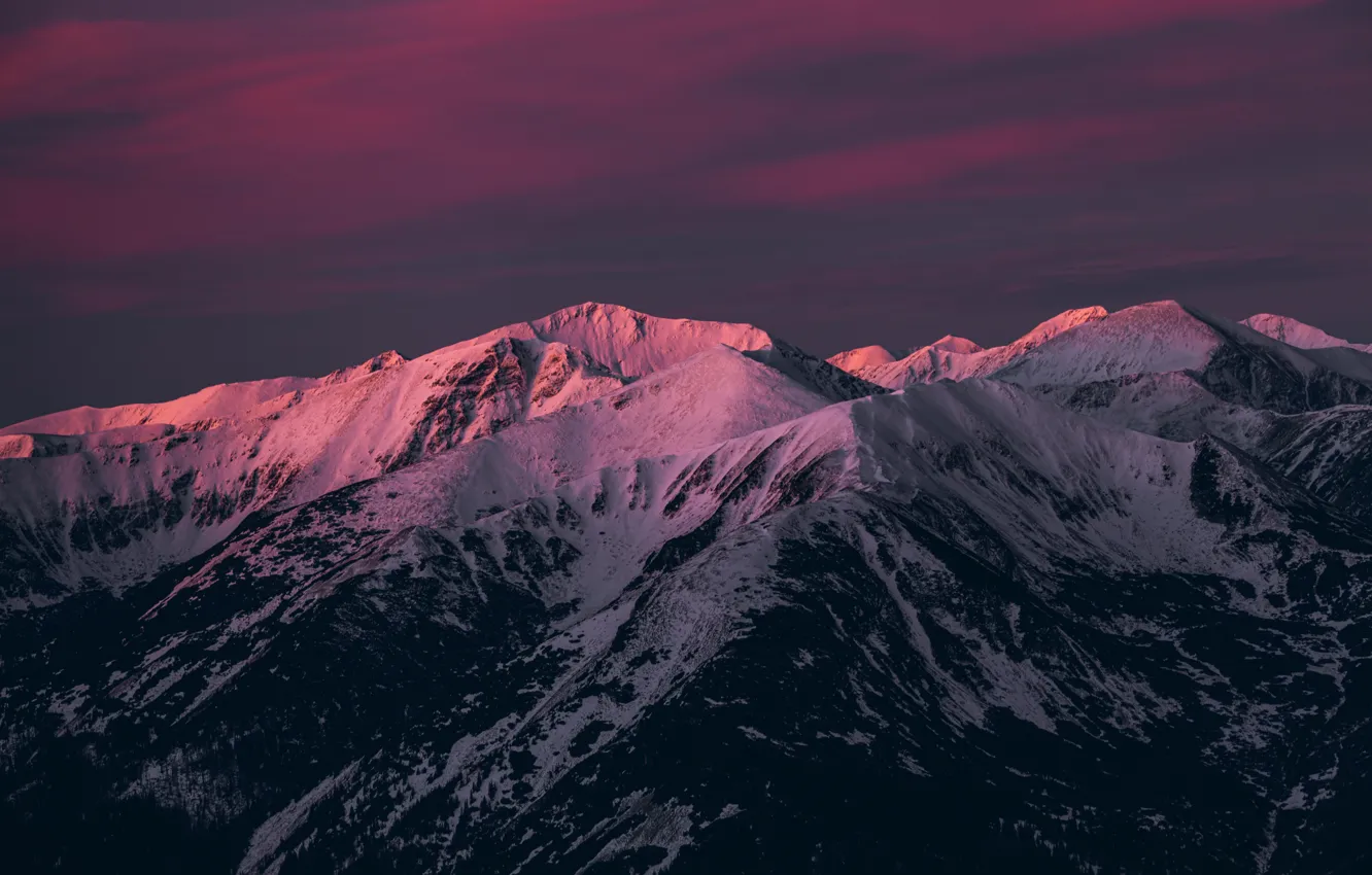 Photo wallpaper snow, landscape, mountains, nature, twilight