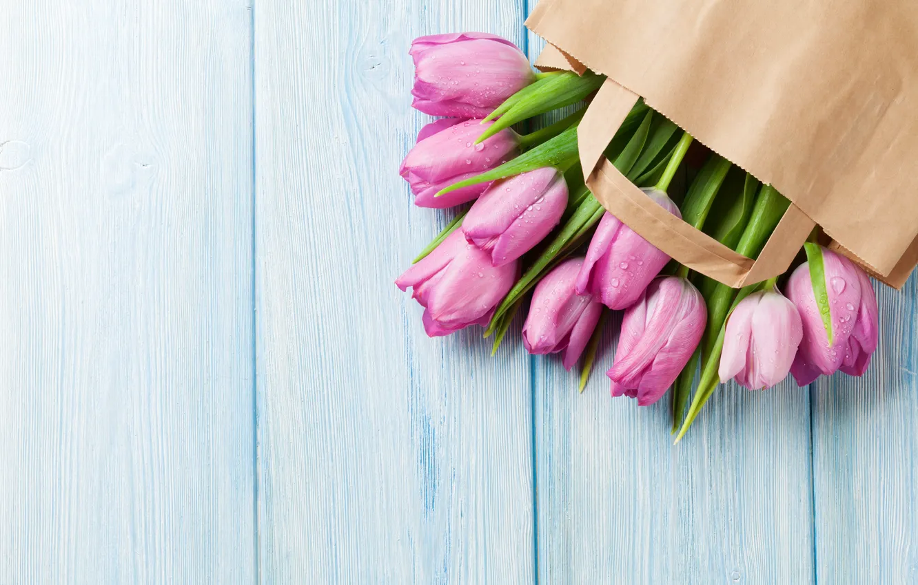 Photo wallpaper flowers, bouquet, tulips, wood, pink, flowers, tulips, spring