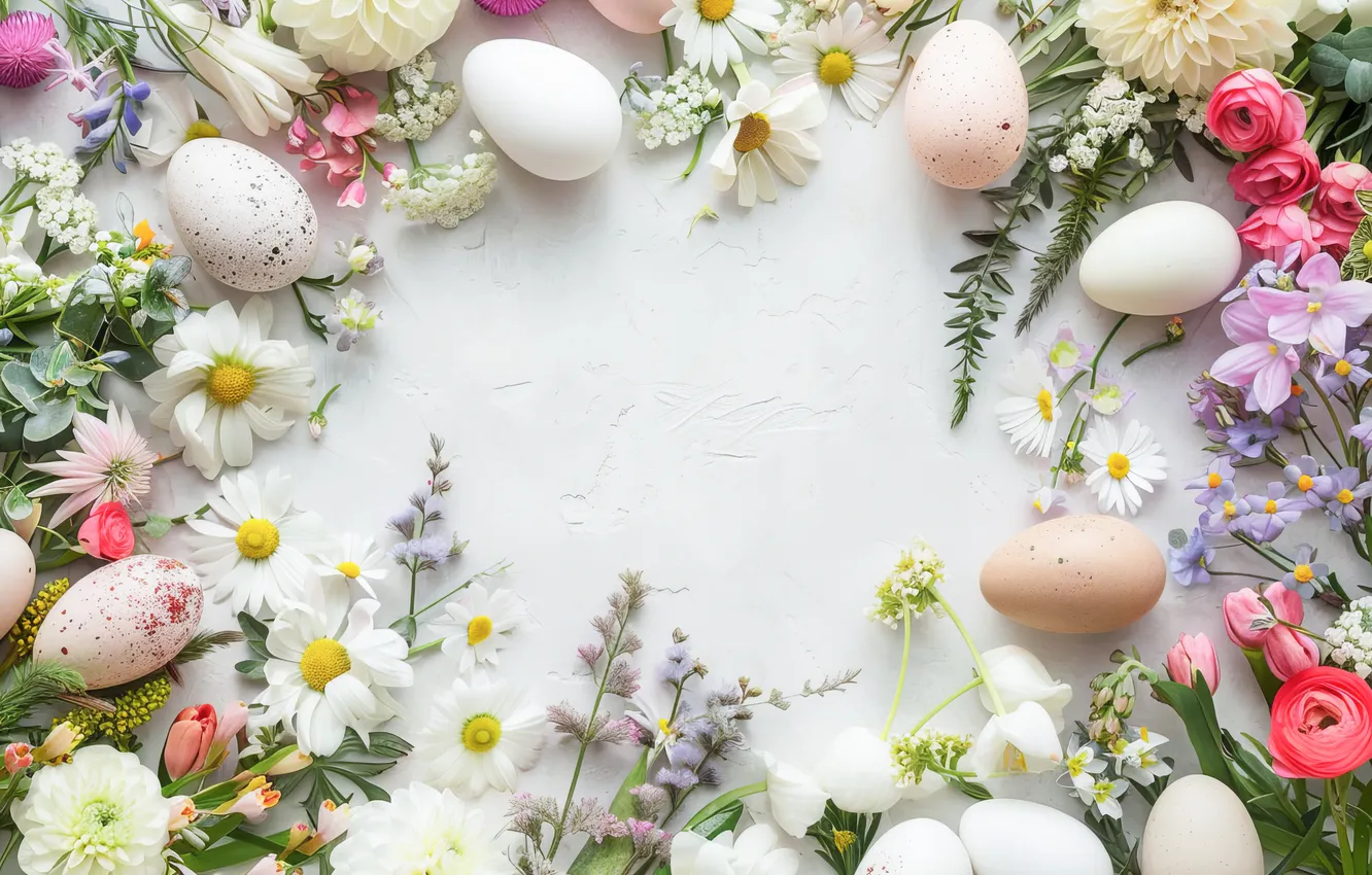 Photo wallpaper flowers, eggs, spring, colorful, Easter, flowers, spring, Easter