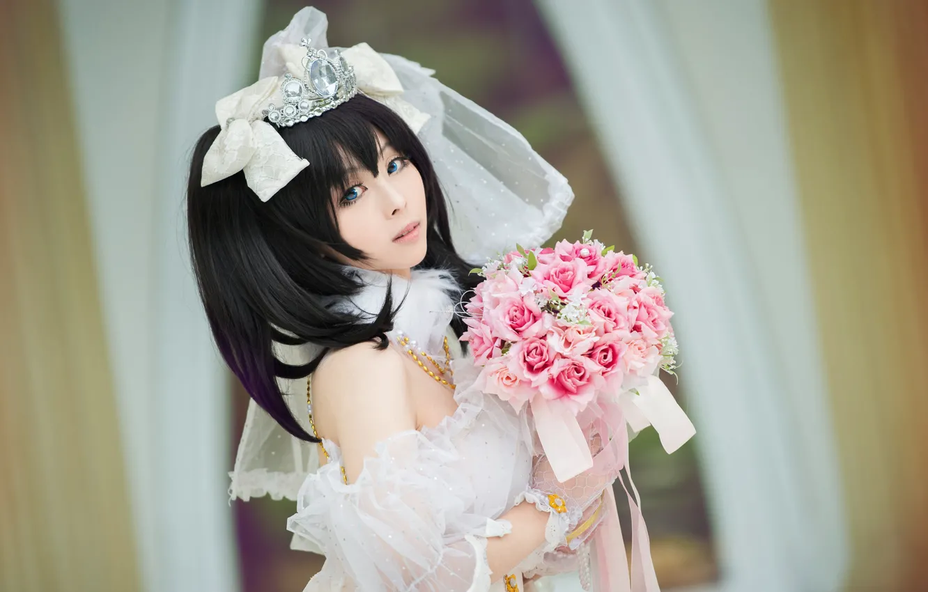 Photo wallpaper look, girl, decoration, flowers, face, pose, style, background