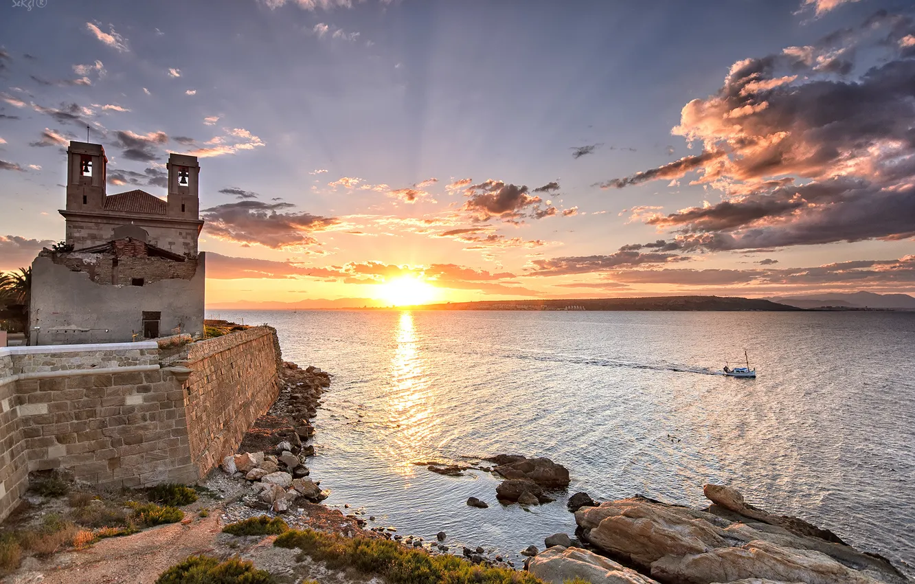 Photo wallpaper sea, dawn, Bay, fortress